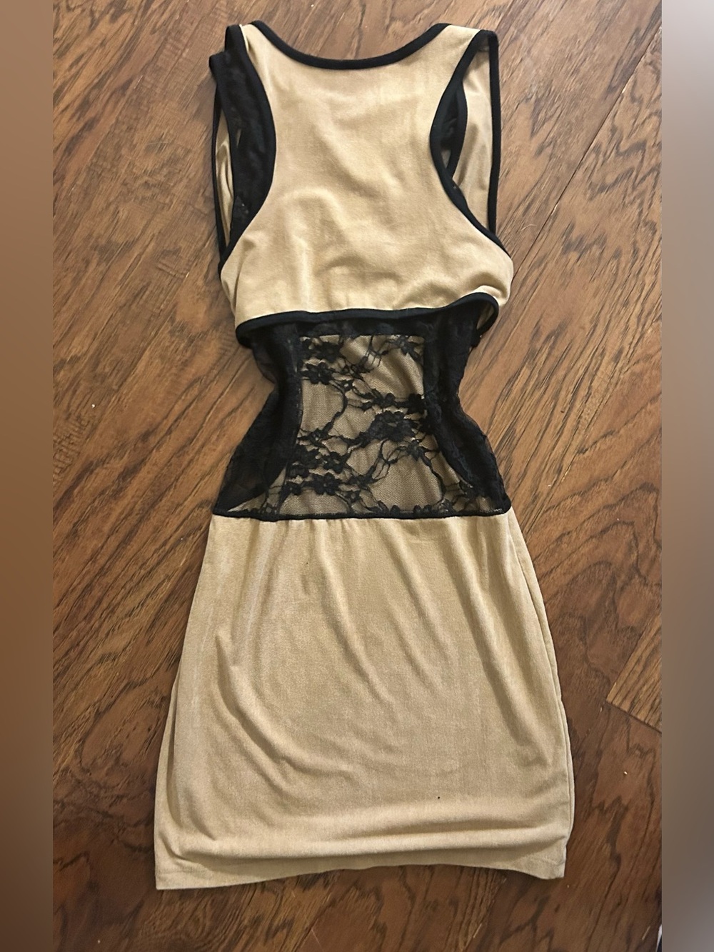 UK2LA Beige and Black Lace-Trim Midi Dress